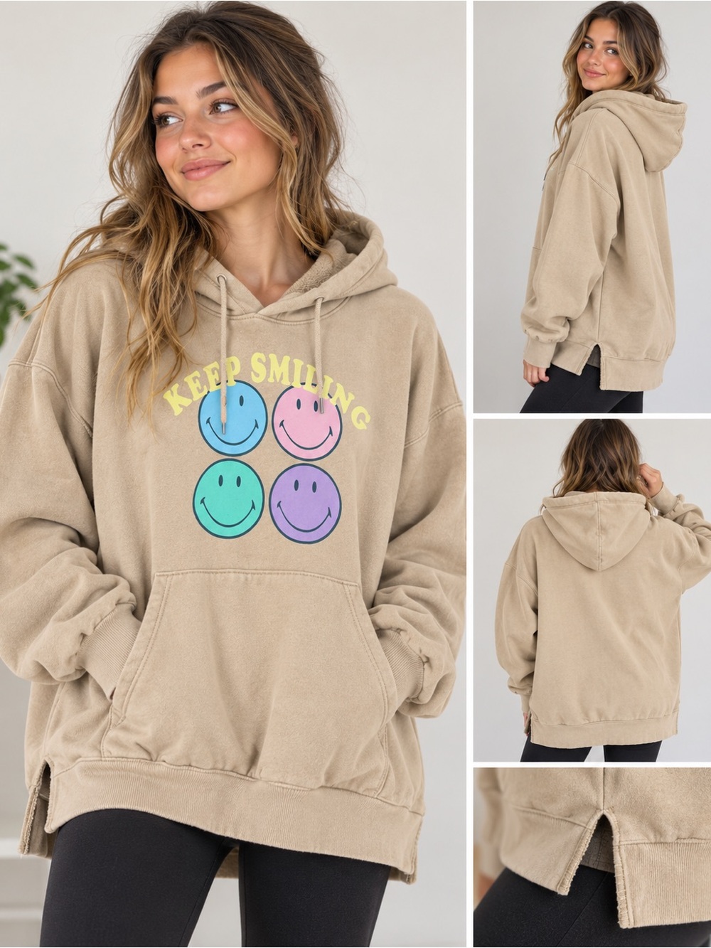 American Eagle Seriously Huggable Oversized Hoodie Large Beige Keep Smiling